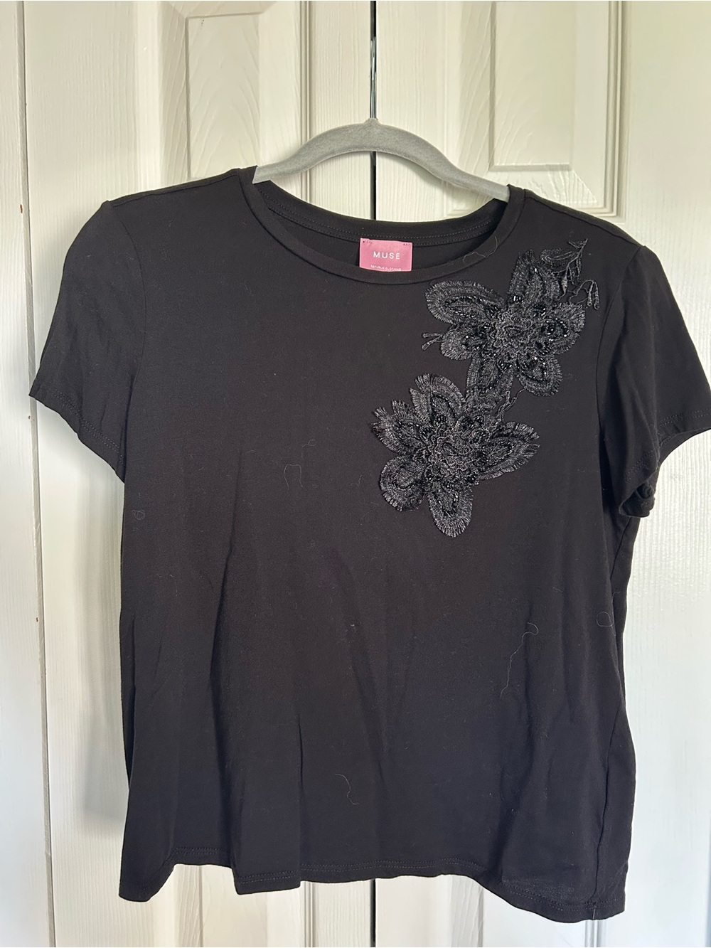 MUSE Black Embellished Floral Crewneck Tee